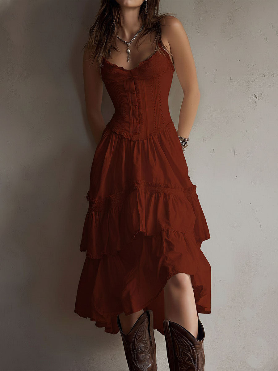 Fern | Tiered Boho Midi Dress with Lace Trim