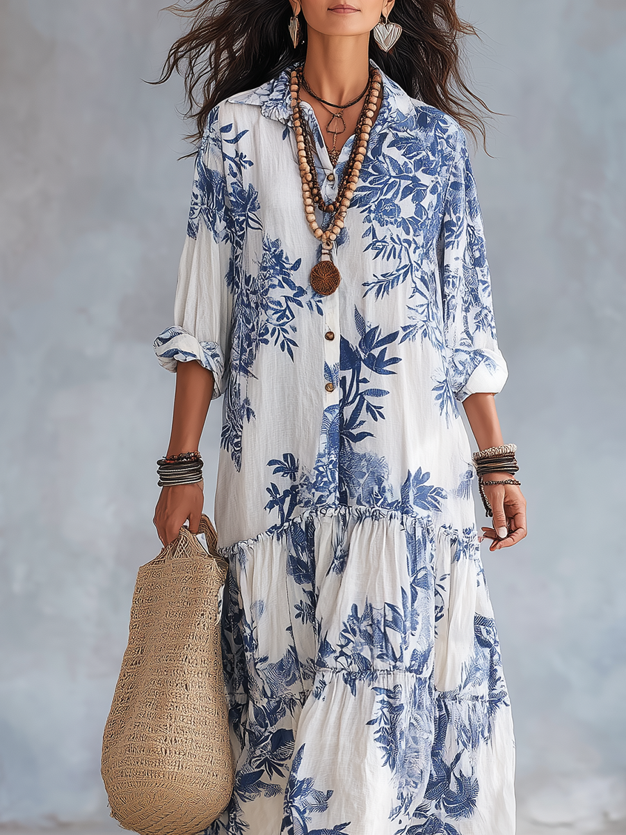 Dolores | Blue Floral Button-Down Maxi Dress