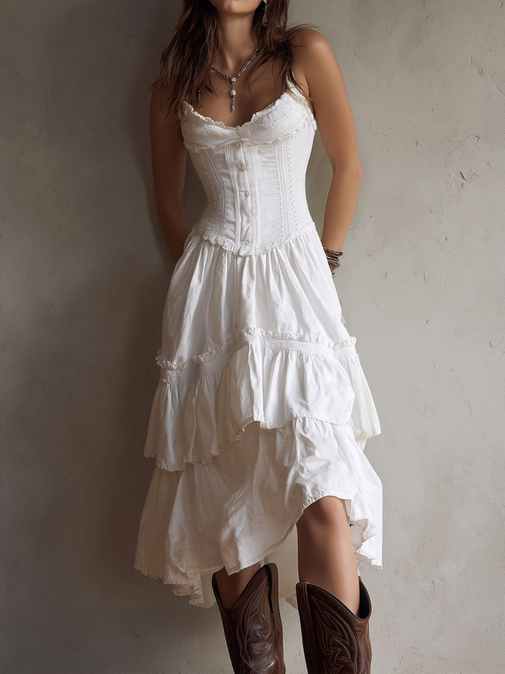 Fern | Tiered Boho Midi Dress with Lace Trim