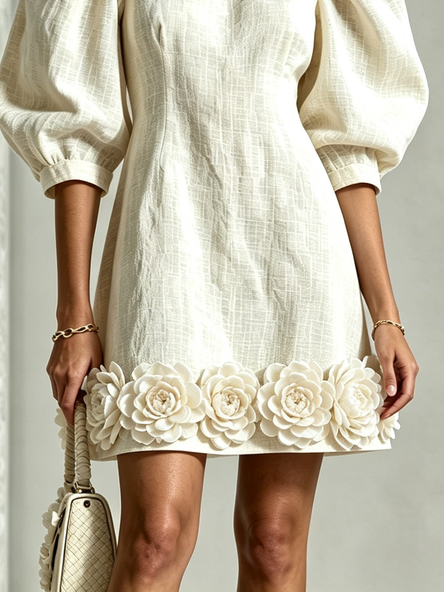 Felicity | Floral-Hem Puff-Sleeve Mini Dress