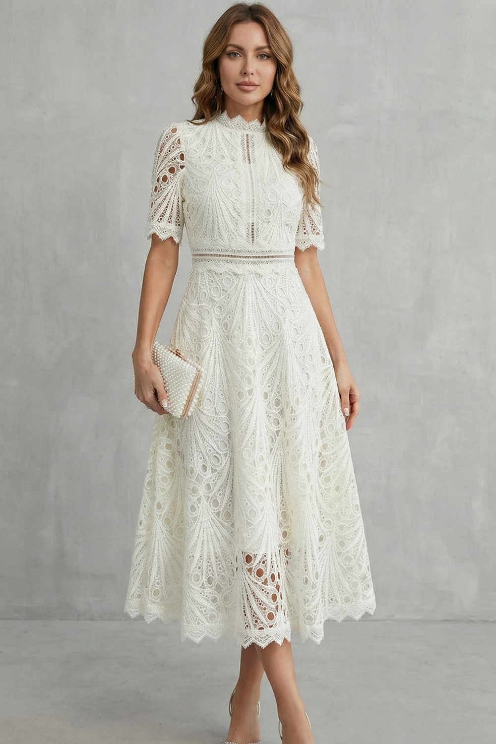 Charlisse – Ornate lace refinement – High-neck midi dress-10601573384535-OLVIA ROSE LONDON