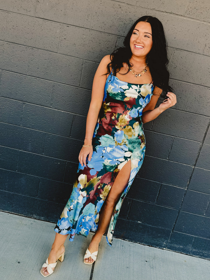 Floral Satin Slip Maxi Dress - Blue Multi - Lace and Grace Boutique