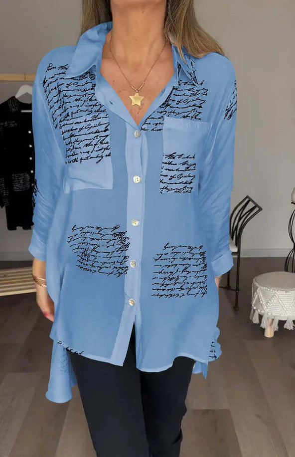 GLYNIS | Oversized Script Print Button-Up Shirt