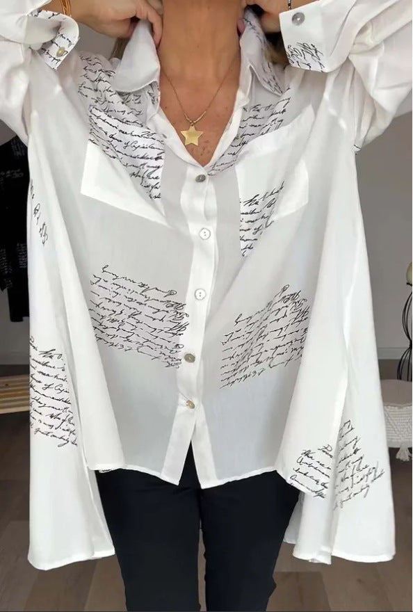 GLYNIS | Oversized Script Print Button-Up Shirt