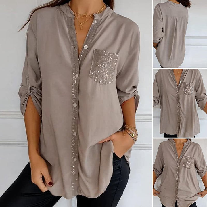 VERITY | Sequin Trim Button-Up Shirt