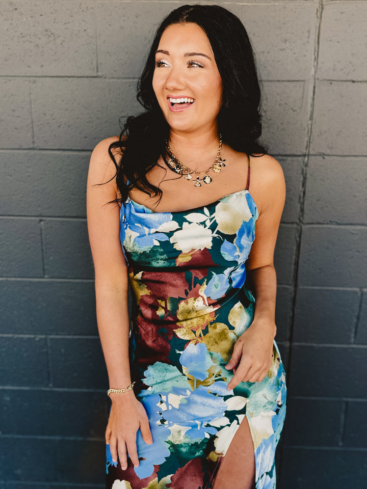 Floral Satin Slip Maxi Dress - Blue Multi - Lace and Grace Boutique