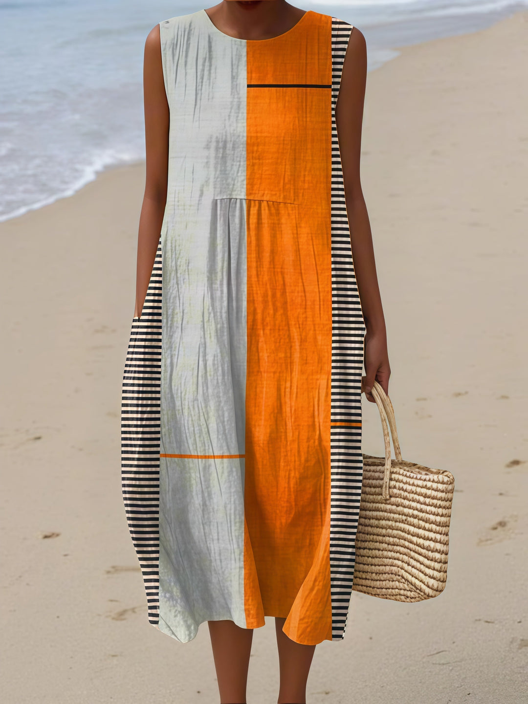 Orange White Striped Colour-block Midi Dress