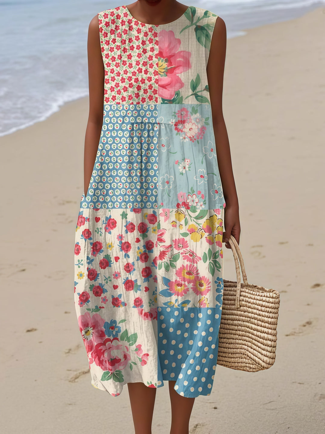 Pink Blue Patchwork Floral Midi Dress