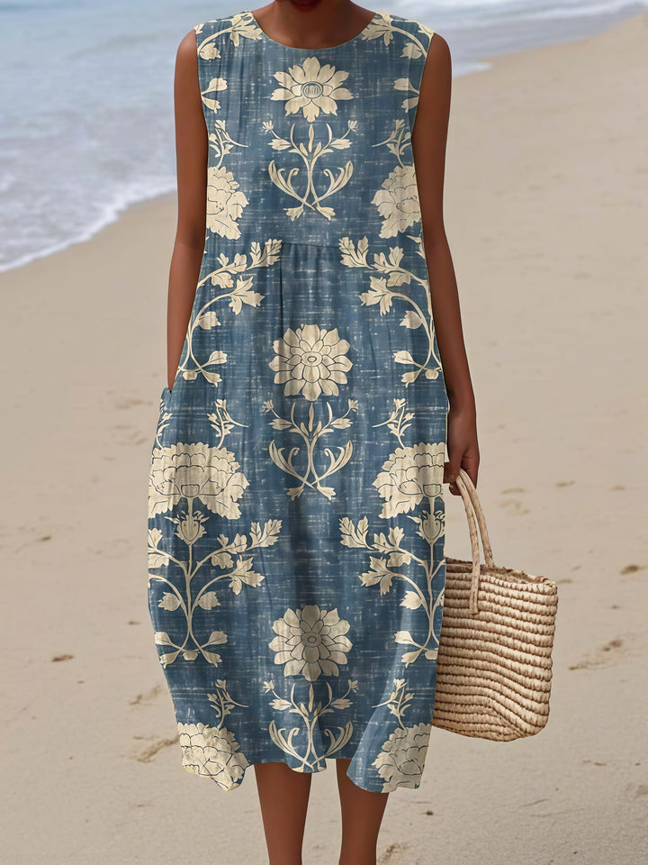 Blue Cream Damask Floral Midi Dress