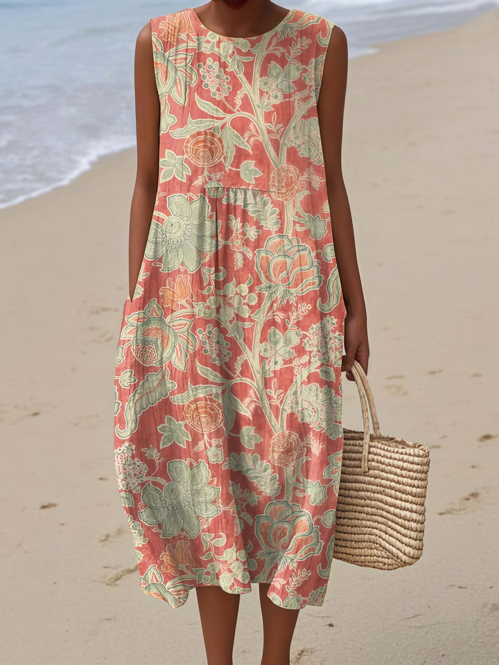 Coral Cream Botanical Midi Dress
