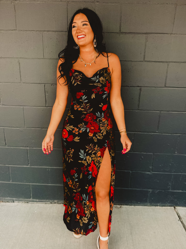 Soft black satin dress with a silky feel and elegant floral print - romantic, graceful, and perfect for any elevated occasion.