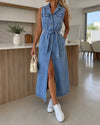 Kay | Sleeveless Belted Denim Midi Dress