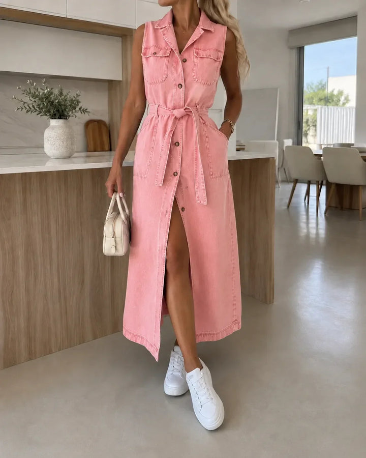 Kay | Sleeveless Belted Denim Midi Dress