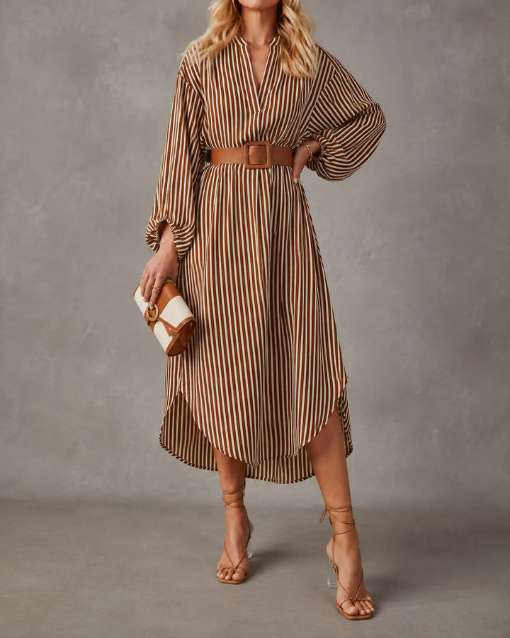 Janice | Belted Striped Midi Shirt Dress