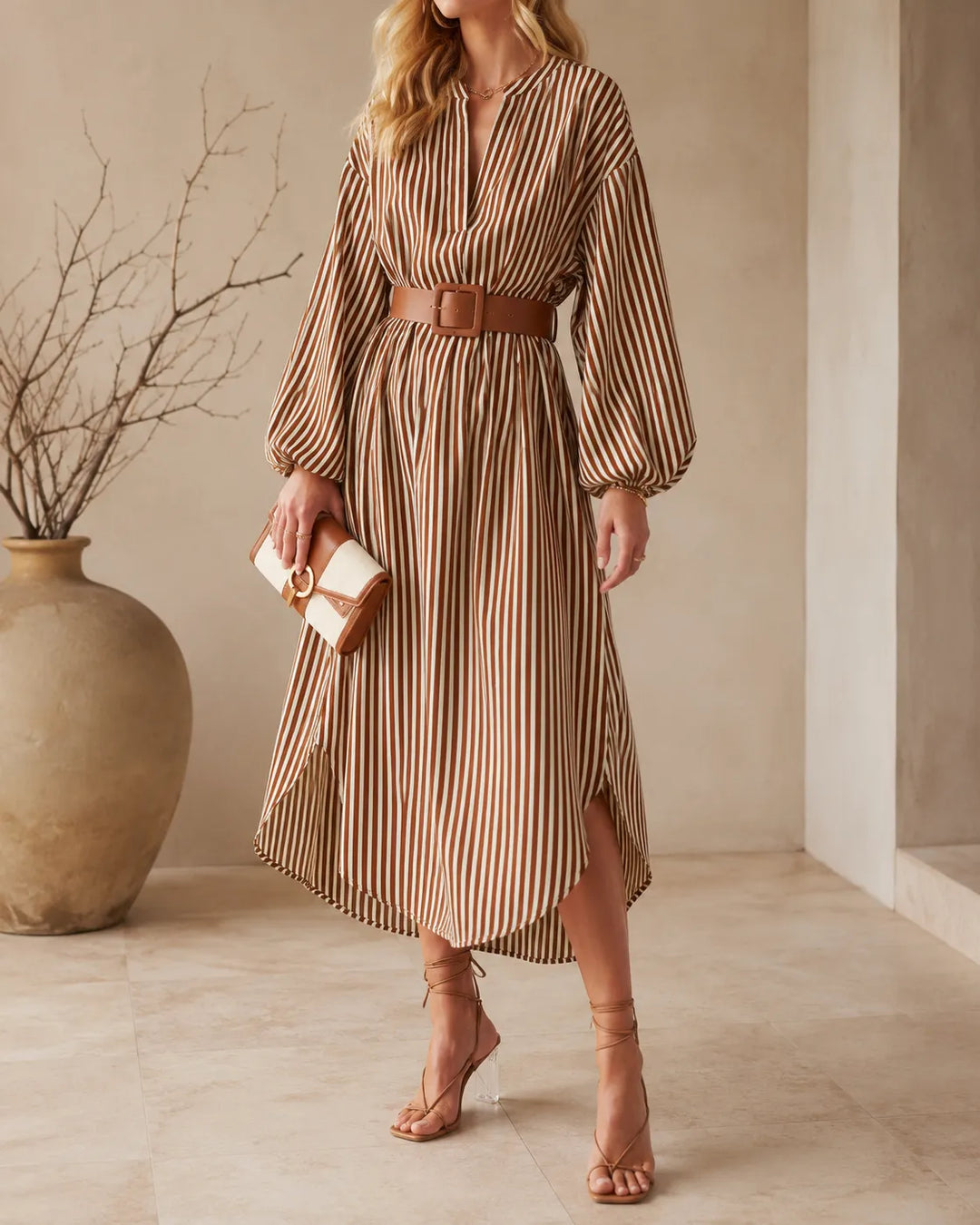 Janice | Belted Striped Midi Shirt Dress