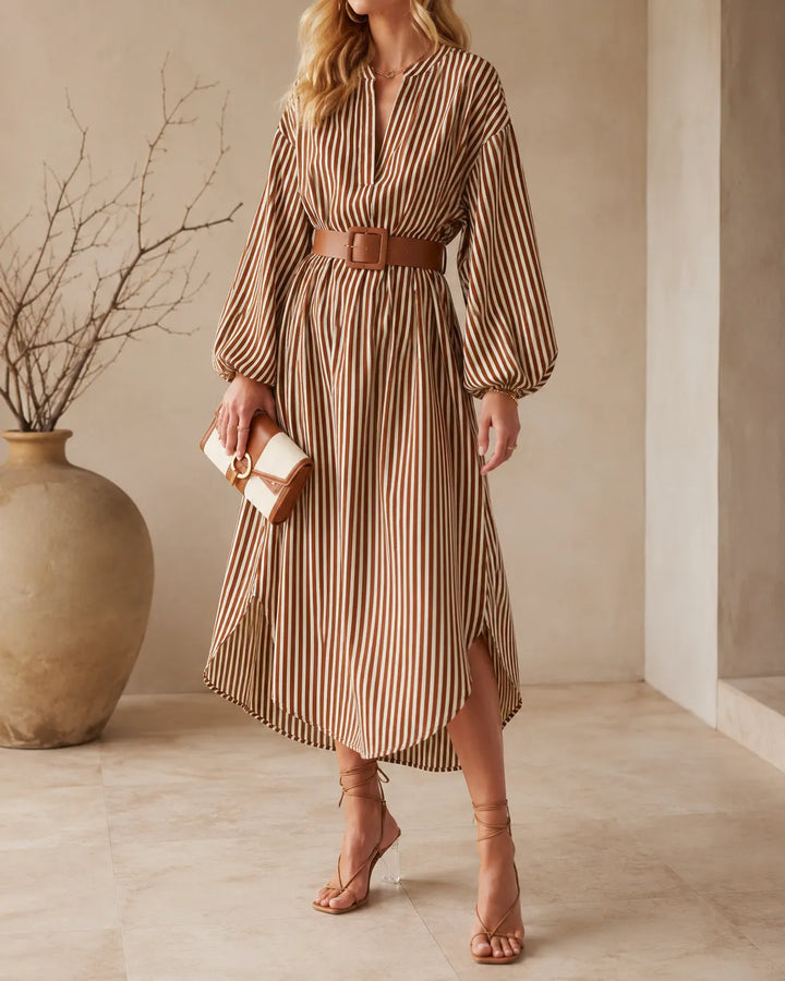 Janice | Belted Striped Midi Shirt Dress