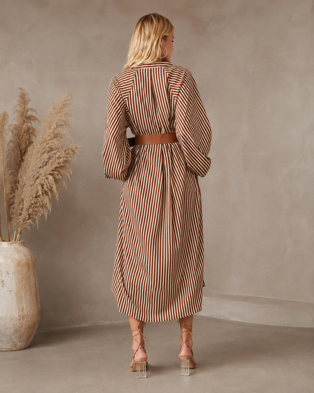 Janice | Belted Striped Midi Shirt Dress