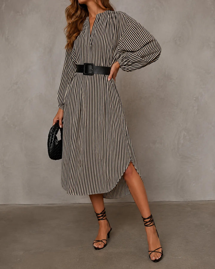 Janice | Belted Striped Midi Shirt Dress