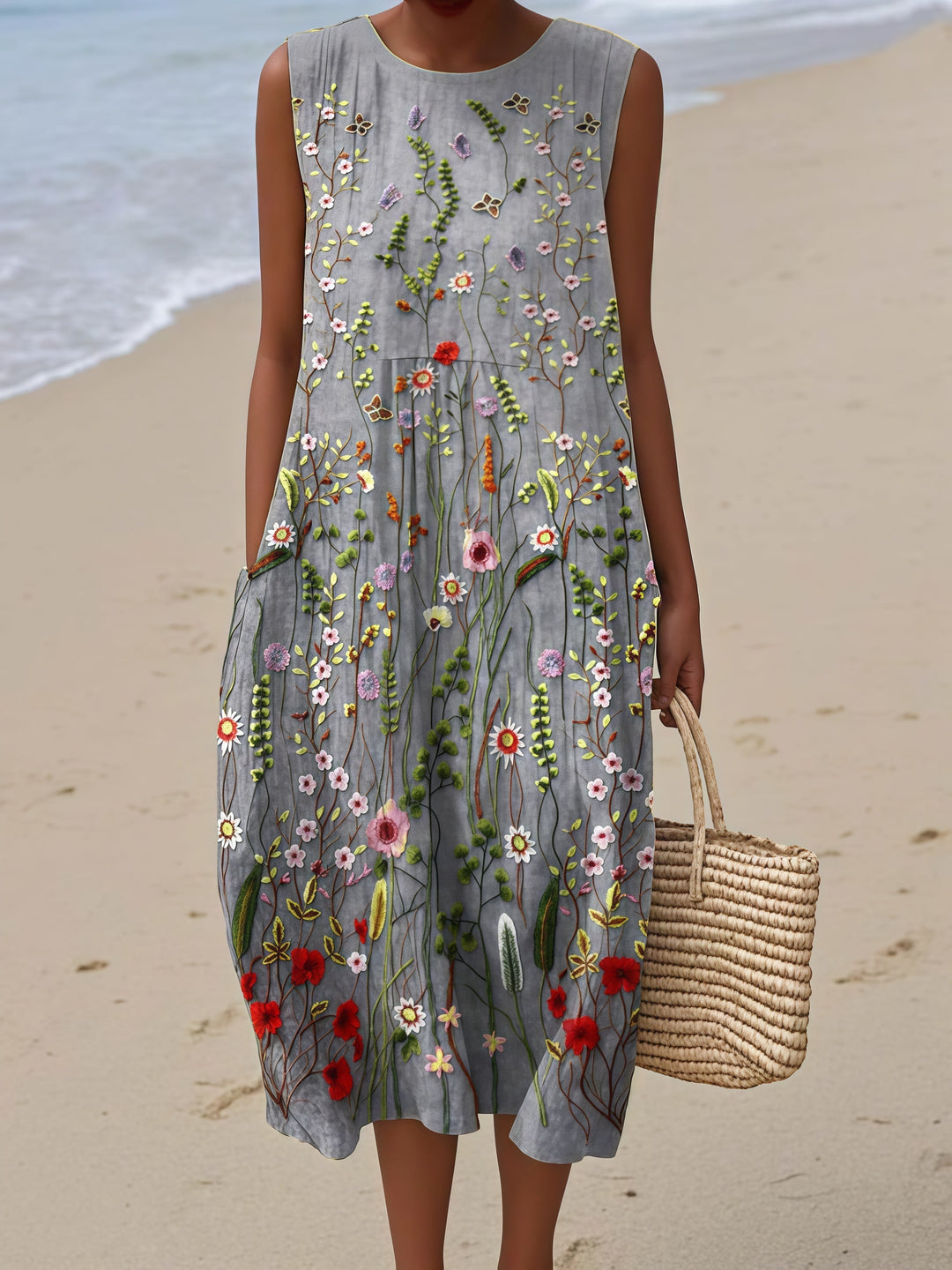 Gray Wildflower Garden Embroidery Midi Dress