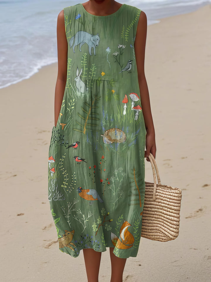 Green Woodland Animals Nature Midi Dress