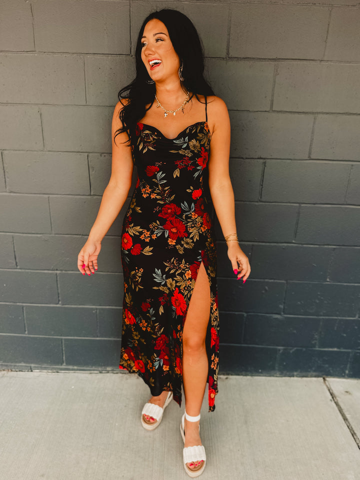 Black Satin Dress - Floral - Lace and Grace Boutique