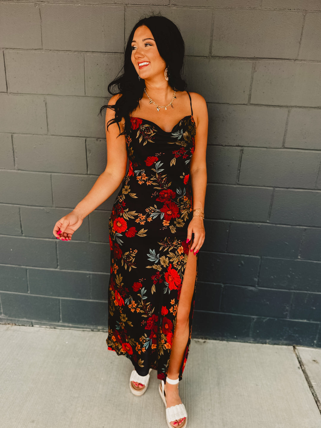 Black Satin Dress - Floral - Lace and Grace Boutique