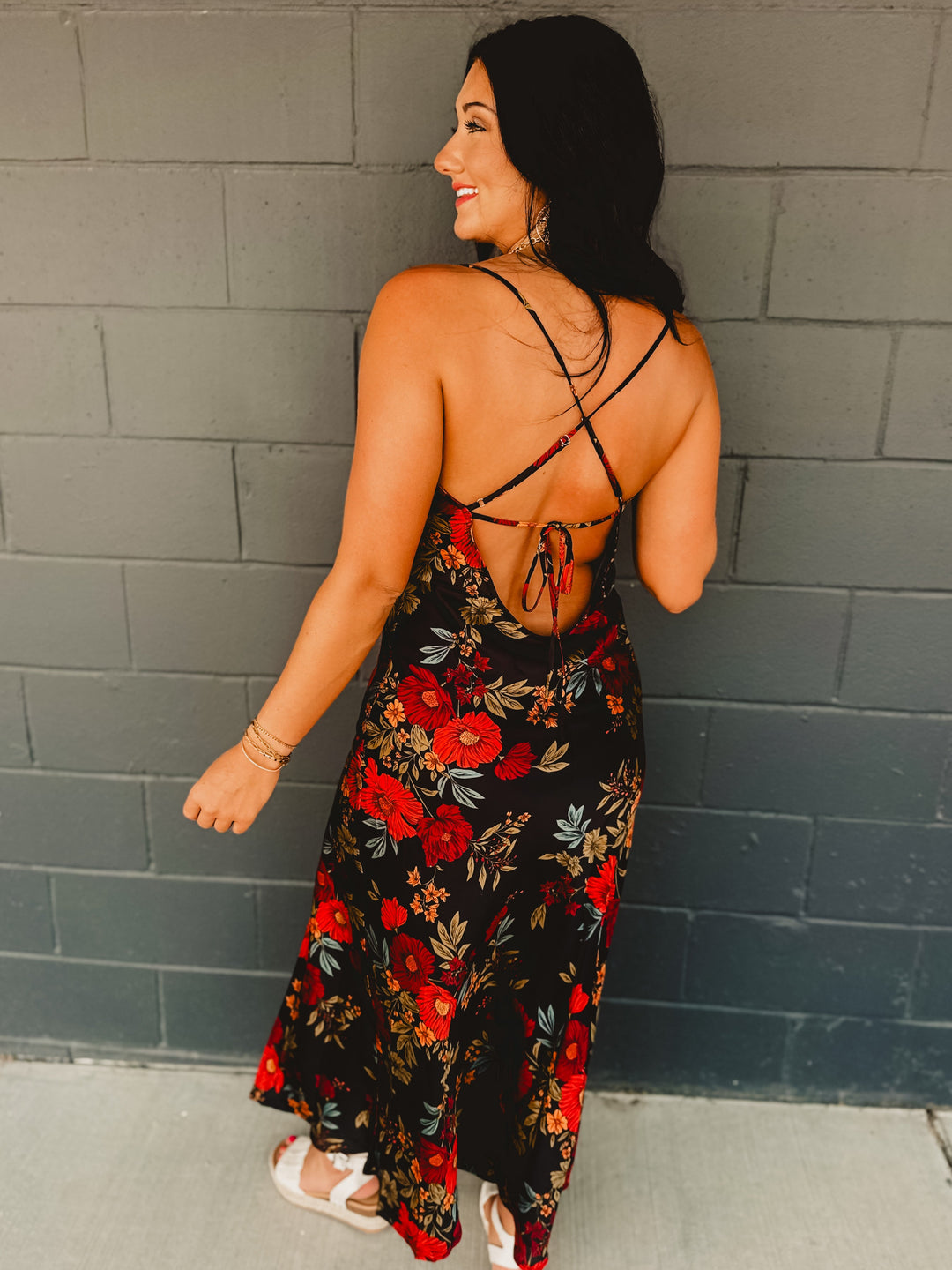 Black Satin Dress - Floral - Lace and Grace Boutique