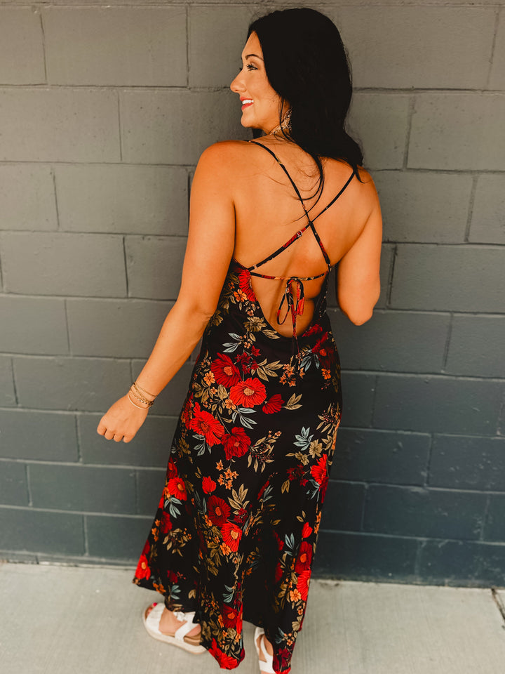 Black Satin Dress - Floral - Lace and Grace Boutique