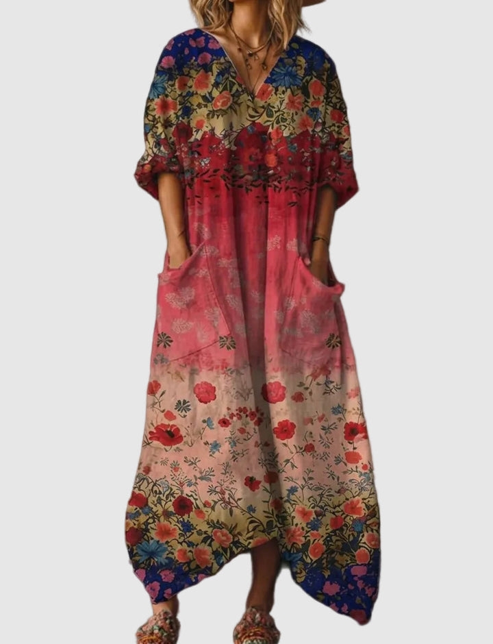 Indra | Women's Cotton Boho Print Front Pocket Maxi Dress