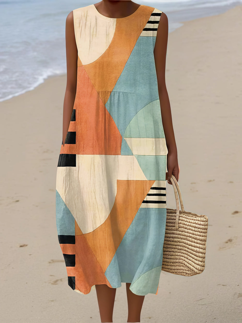 Teal Orange Abstract Geometric Midi Dress