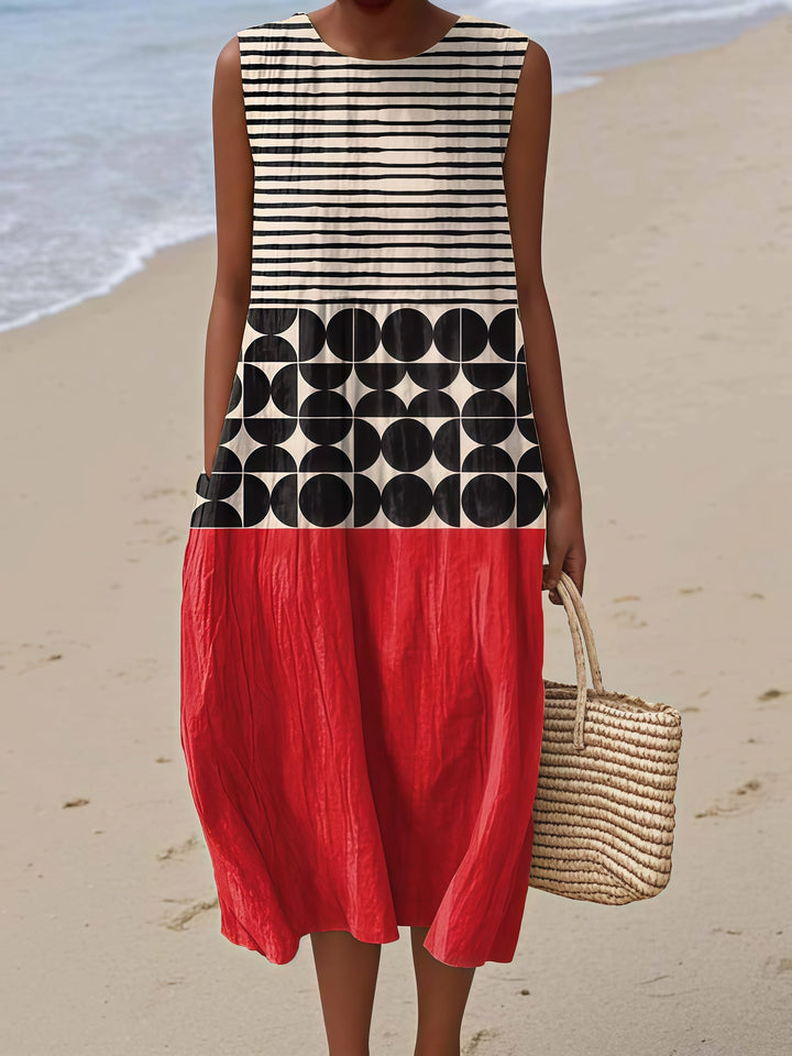 Black White Geometric Red Block Midi Dress