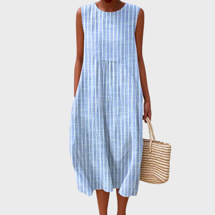 Cordelia relaxed linen sleeveless midi dress in Chambray Stripe
