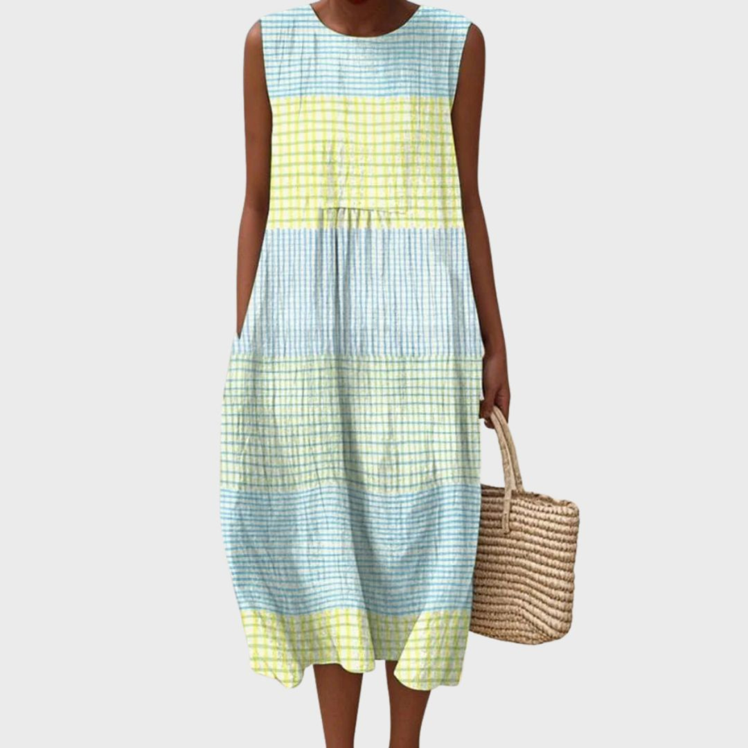 Cordelia relaxed linen sleeveless midi dress in Lemon Check