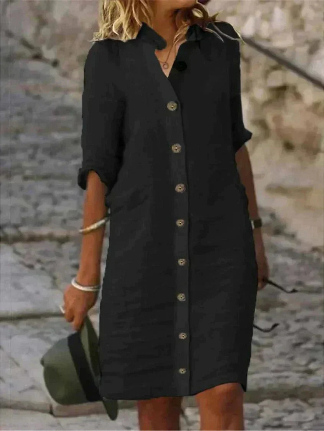 Aveline linen collared button-down shirt dress in Black — Portsea Boutique