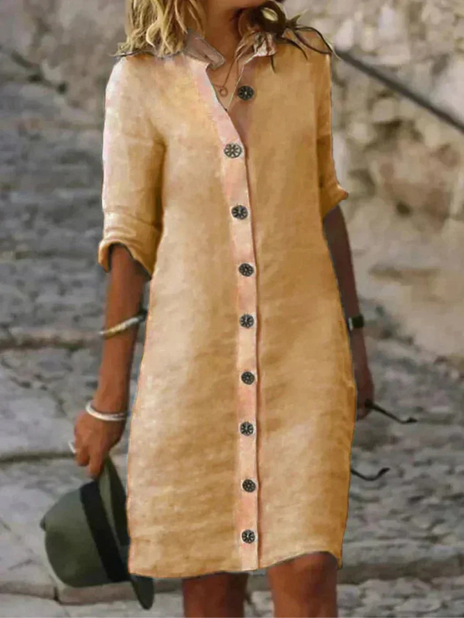 Aveline linen collared button-down shirt dress in Khaki — Portsea Boutique