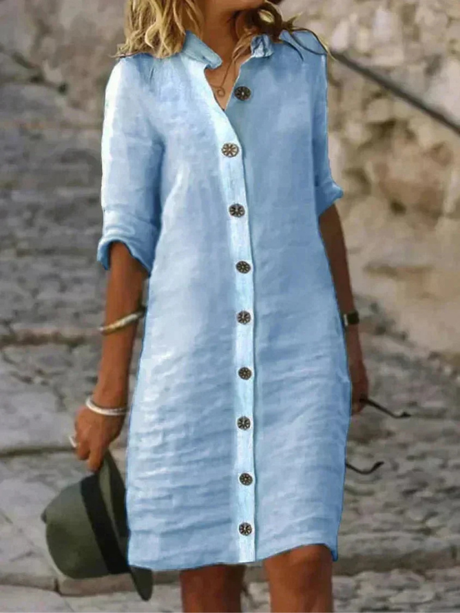 Aveline linen collared button-down shirt dress in Light Blue — Portsea Boutique