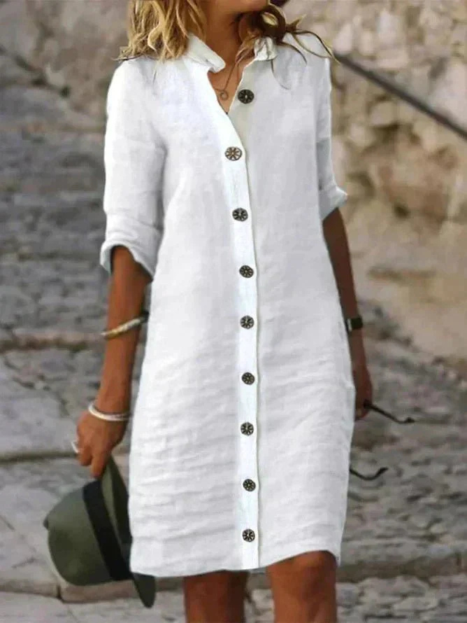 Aveline linen collared button-down shirt dress in White — Portsea Boutique