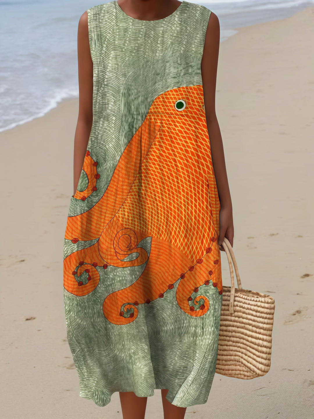 Green Orange Octopus Midi Dress