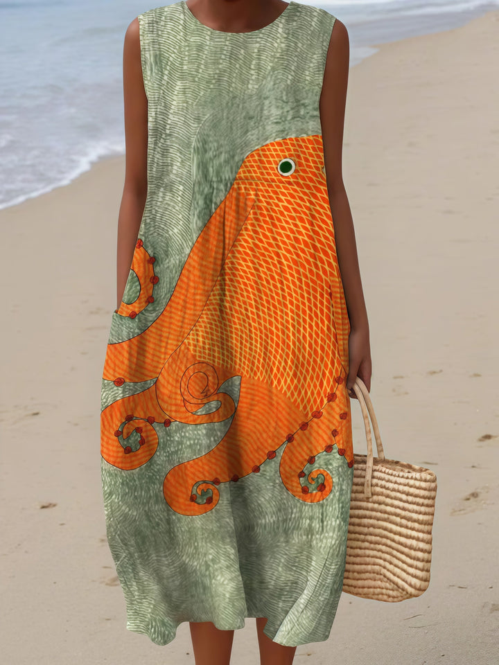 Green Orange Octopus Midi Dress