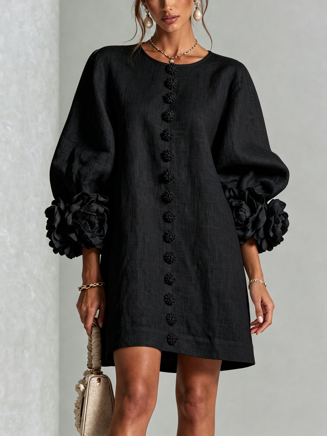 Clarissa | Floral-Cuff Button Mini Dress
