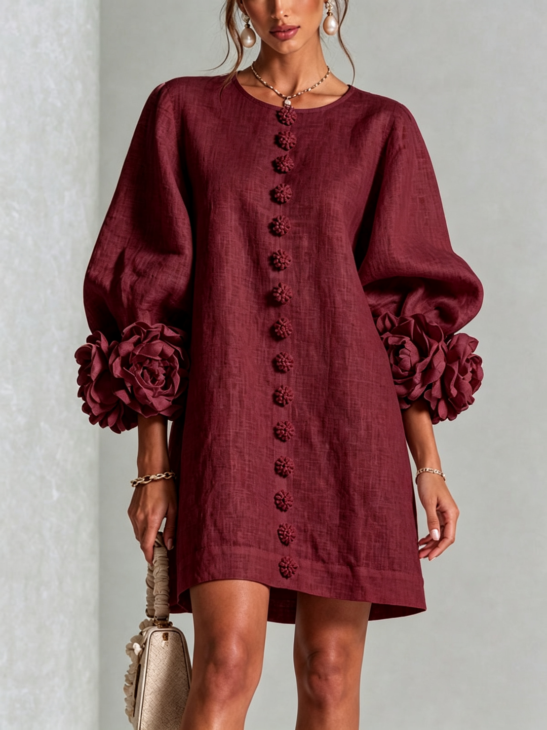 Clarissa | Floral-Cuff Button Mini Dress