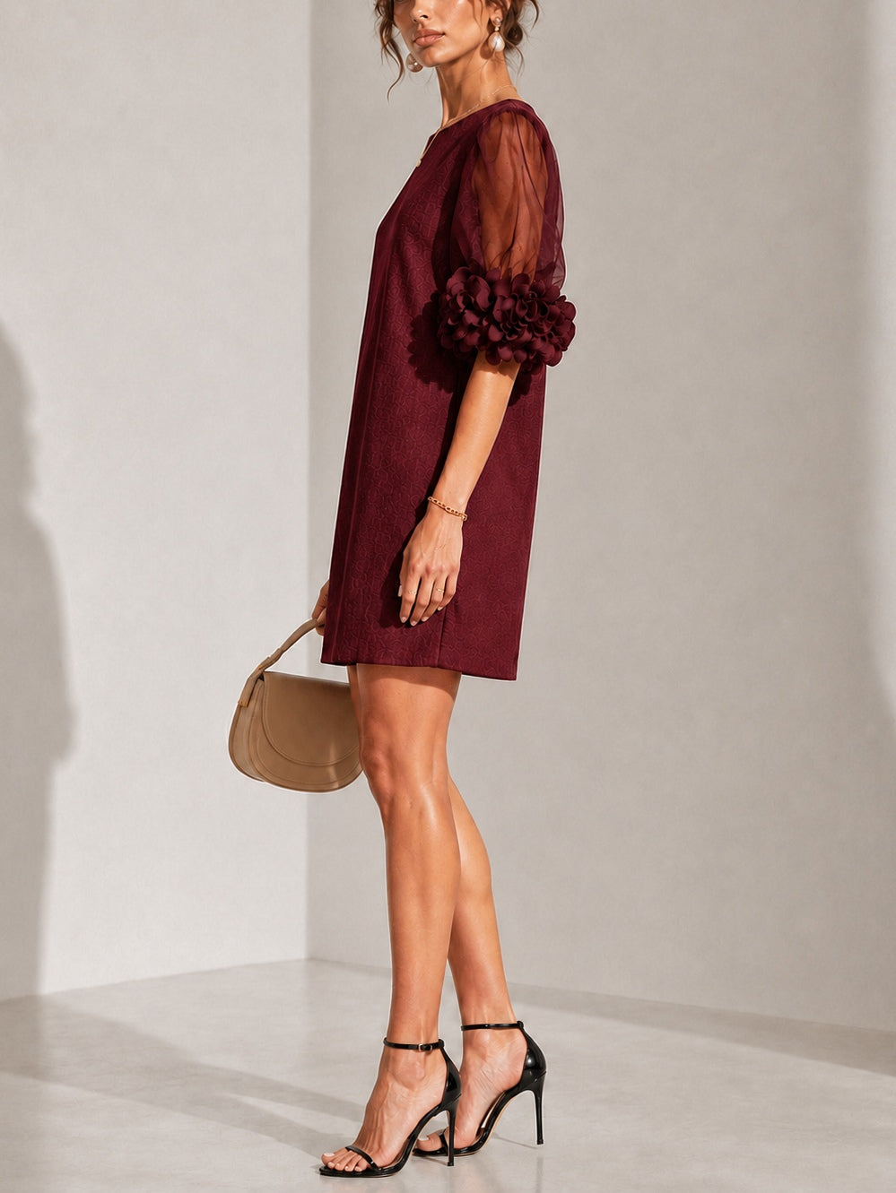 Theodora | Floral-Cuff Puff-Sleeve Mini Dress