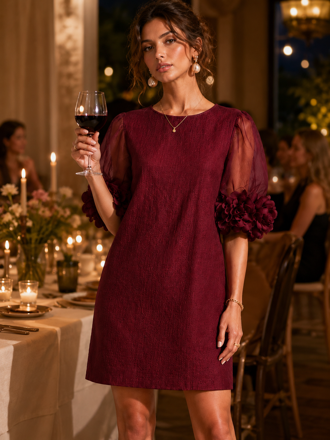 Theodora | Floral-Cuff Puff-Sleeve Mini Dress