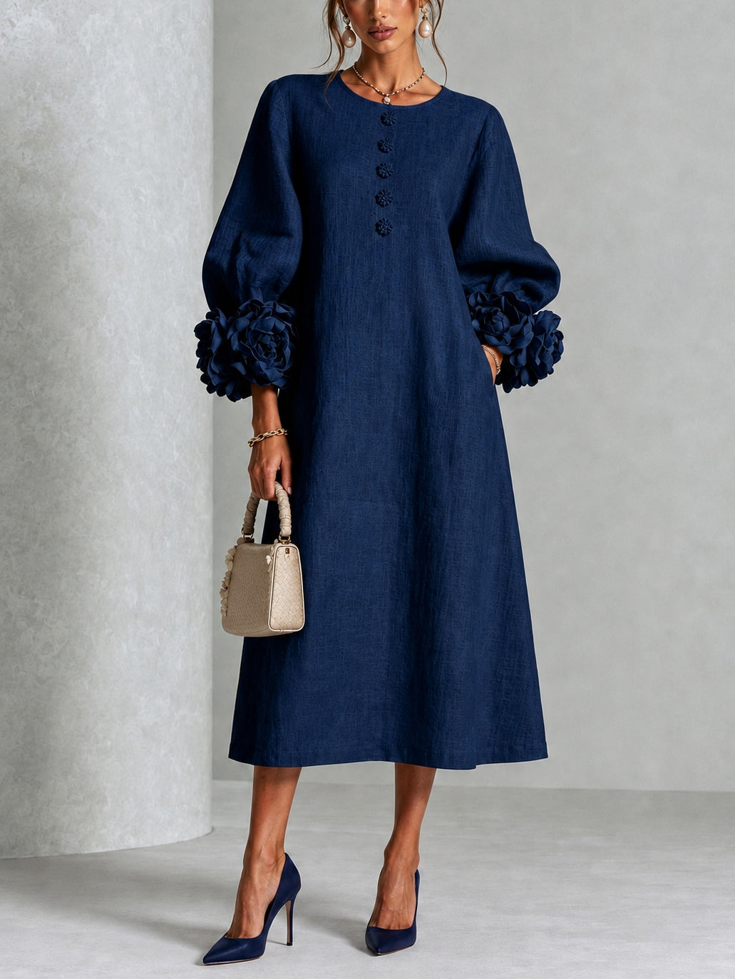 Yvette | Floral-Cuff Midi Dress