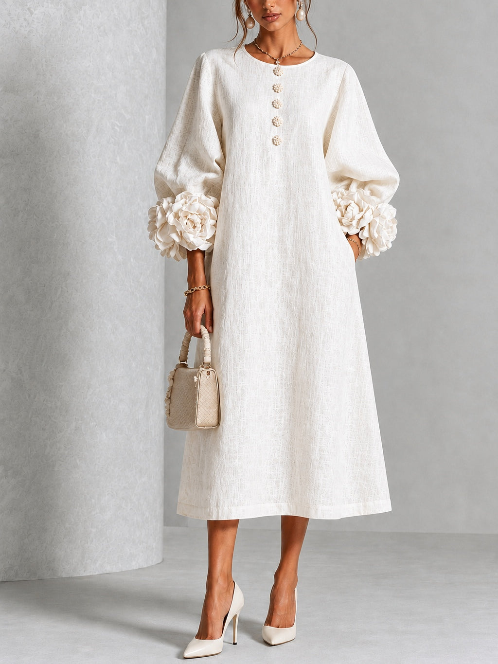Prudence | Floral-Cuff Buttoned Midi Dress