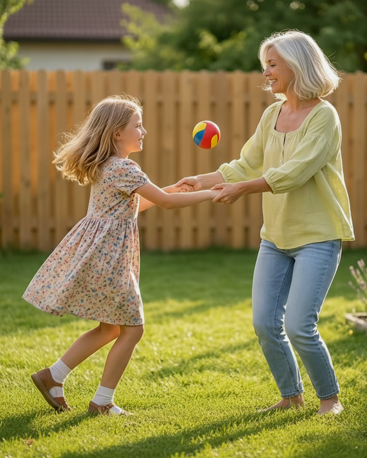 Playing in the yard with the grandkids, cool and comfortable in the Gertrude blouse