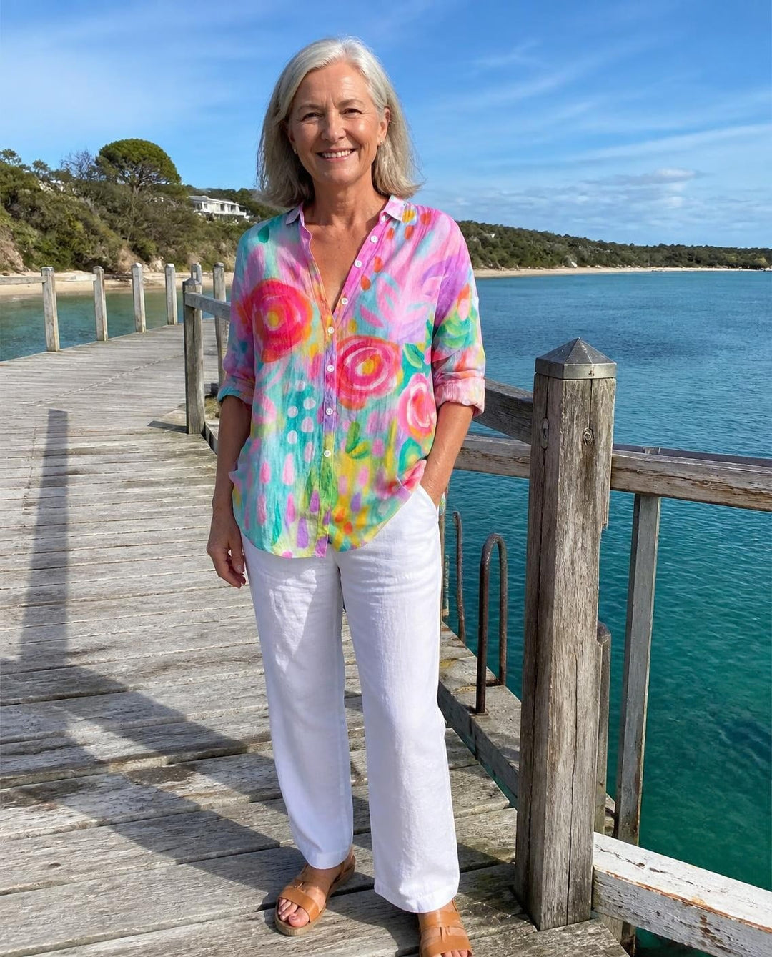 Astra Colourful Pattern Blouse in Pink, front