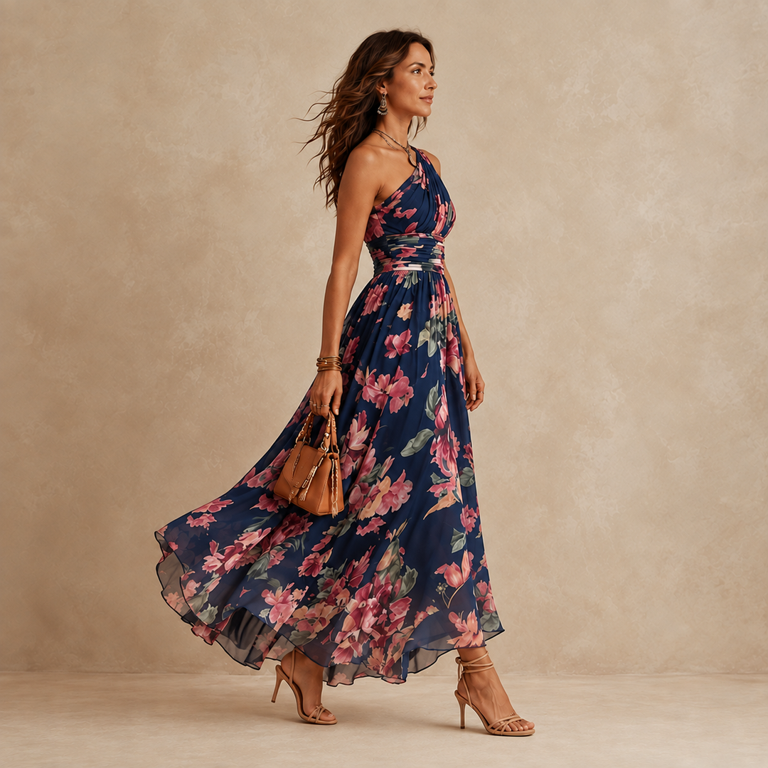 Seraphine one-shoulder floral maxi dress, side view showing the flowing chiffon skirt