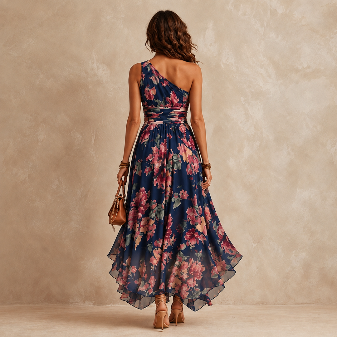 Seraphine one-shoulder floral maxi dress, detail of the crossover waist and smocked band
