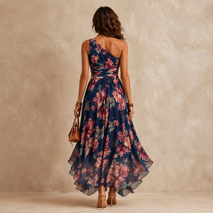 Seraphine one-shoulder floral maxi dress, detail of the crossover waist and smocked band